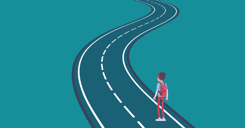 A cartoon image of a windy road. A young person is standing at the start of the road, preparing to take their journey. 