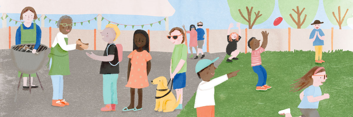 Illustration of outdoor school space, with kids and students engaging in various activities like playing football, walking a dog and cooking a barbeque.