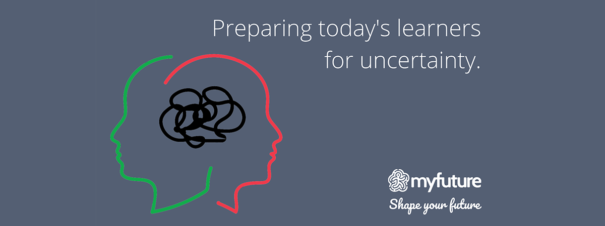 Illustration of two faces next to the words 'Preparing today's learners for uncertainty'